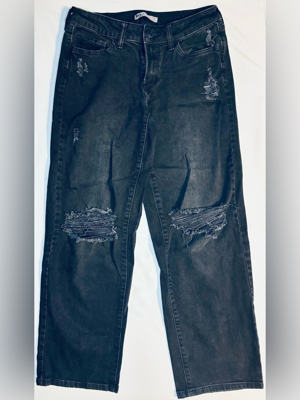 SO Dad Jean Trendy Wide Leg Distressed Black Denim Juniors Size 7/28 Excellent